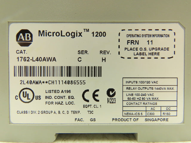 Allen Bradley 1762-L40AWA MicroLogix 1200 PLC Input Output Module Ser C Rev H