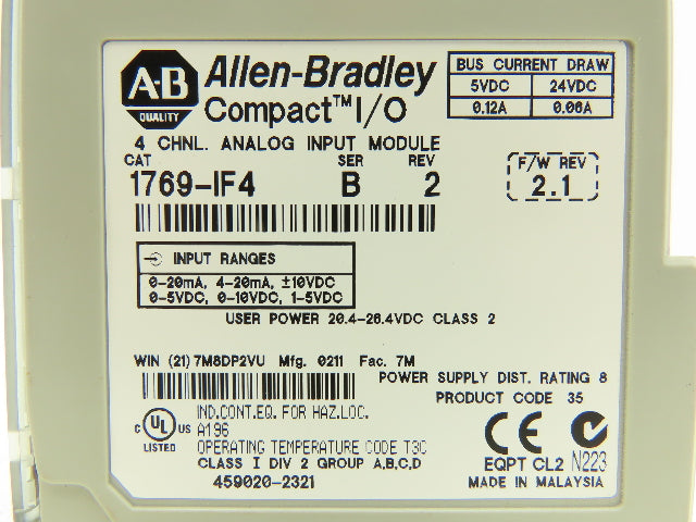 Allen Bradley 1769-IF4 Compact I/O Analog Input Module 24VDC Ser B Rev 2 F/W 2.1