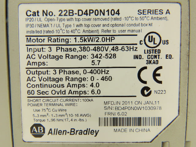 Allen Bradley 22B-D4P0N104 PowerFlex 40 VFD 2Hp 460V 3Ph w/ Ethernet-IP Adapter