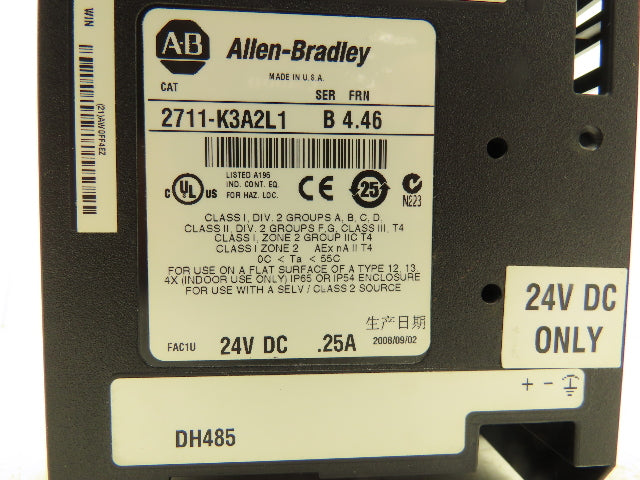 Allen-Bradley 2711-K3A2L1 Panel View 300 3" Display 24VDC .25A FRN 4.46 Ser. B