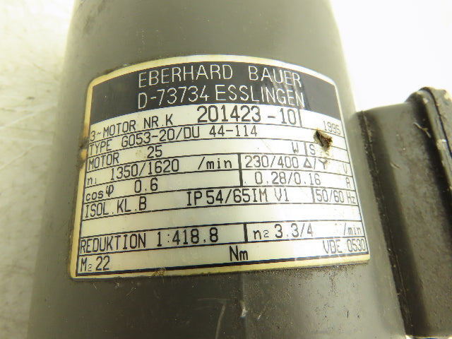 Bauer G053-20/DU 44-114 Gear Motor 418.8 Ratio 3.75rpm 25Watt 230/400V 3PH