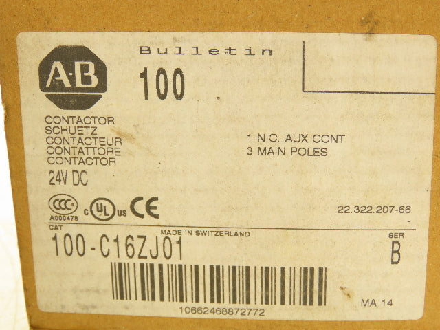 Allen Bradley 100-C16ZJ01 IEC Contactor Motor Starter 16A 3-Pole 600V 24VDC Coil