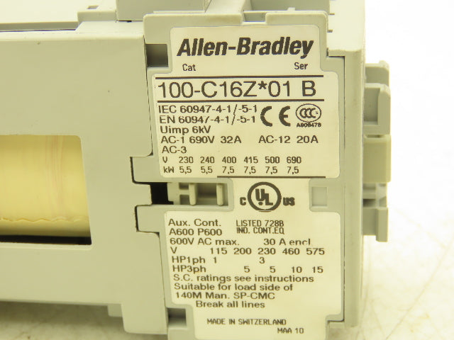 Allen Bradley 100-C16ZJ01 IEC Contactor Motor Starter 16A 3-Pole 600V 24VDC Coil