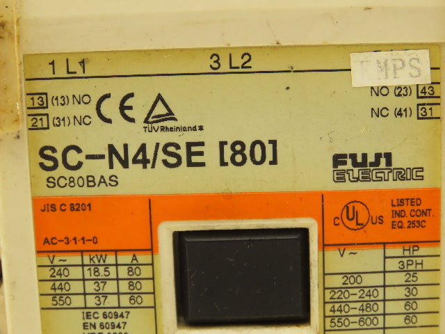 Fuji Electric SC-N4/SE Motor Starter Contactor 80A 600V 3 Pole Coil: 120V