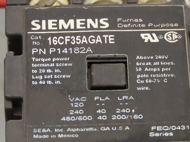 Siemens 16CF35AGATE 3PH Motor Starter Contactor 480V Coil w/Overload 48EH38A6