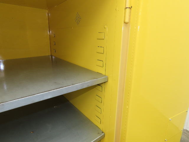 Jamco FM90 Safety Flammable Cabinet 60 Gallon Double Shelf Yellow Rusted Base
