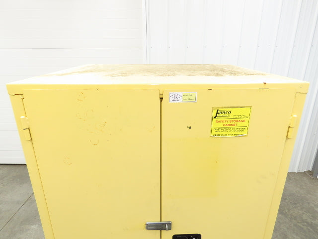 Jamco FM90 Safety Flammable Cabinet 60 Gallon Double Shelf Yellow Rusted Base