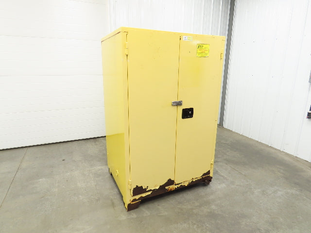 Jamco FM90 Safety Flammable Cabinet 60 Gallon Double Shelf Yellow Rusted Base