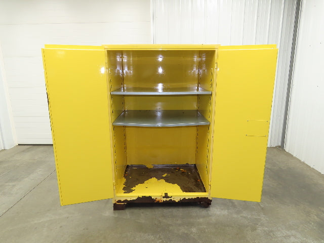 Jamco FM90 Safety Flammable Cabinet 60 Gallon Double Shelf Yellow Rusted Base