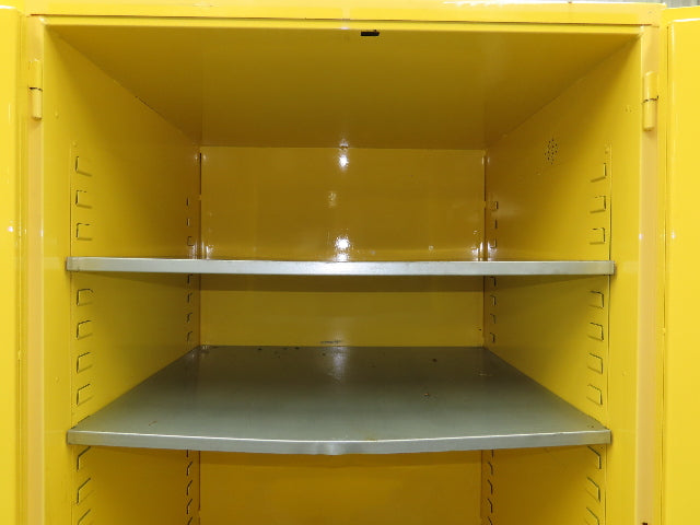 Jamco FM90 Safety Flammable Cabinet 60 Gallon Double Shelf Yellow Rusted Base