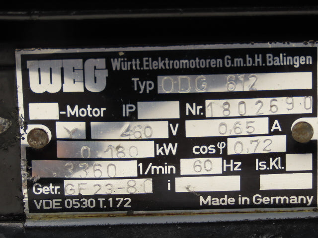 WEG ODG 612 Gearmotor 28RPM 120:1 Ratio 0.18kw 460VAC 3Ph Inline VDE 0530T.172