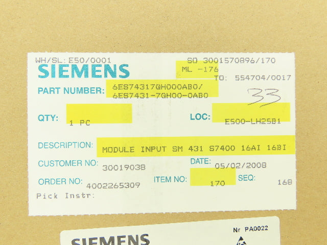 Siemens 6ES7431-7QH00-0AB0 Simatic S7 Analog Input Module 16 AI 16 Bit Ver 9