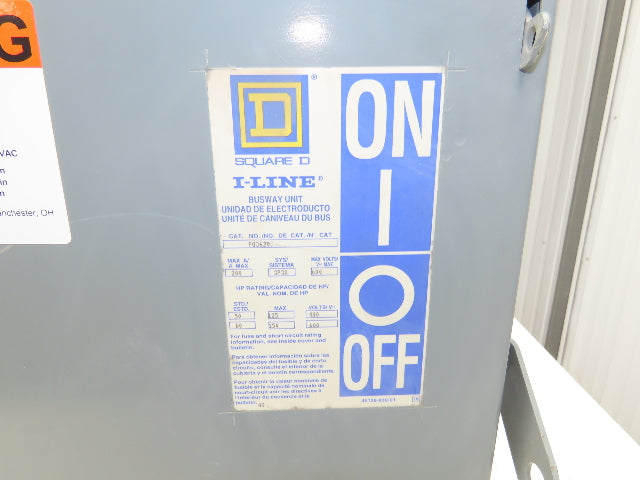 Square D PQ3620 I-Line Busway Plug-In Fusible Disconnect Box 200 Amp 3P 3W 600V