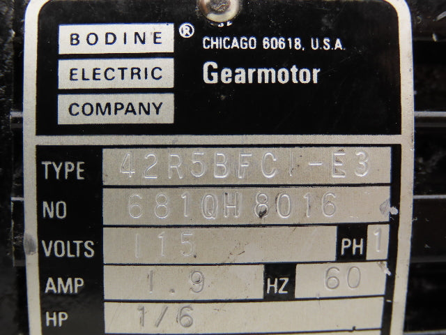 Bodine 42R5BFCI-E3 Gearmotor 1/6Hp 115V 1PH 20:1 Ratio 85rpm Inline Parallel