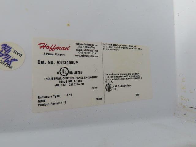 Hoffman A302408LP Electrical Enclosure 30x24x8" Control Panel 4.75x3.75" Cutout