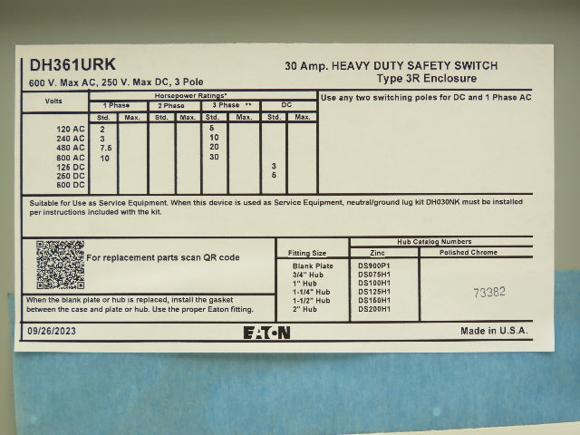 Eaton DH361URK Non Fusible Disconnect Safety Switch 30A 600V 3Ph NEMA 3R