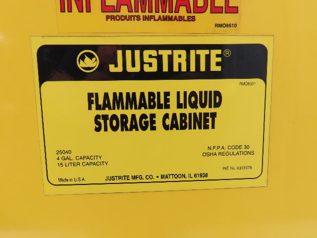 Justrite 25040 Flammable Cabinet 4 Gallon Capacity Yellow Manual Close