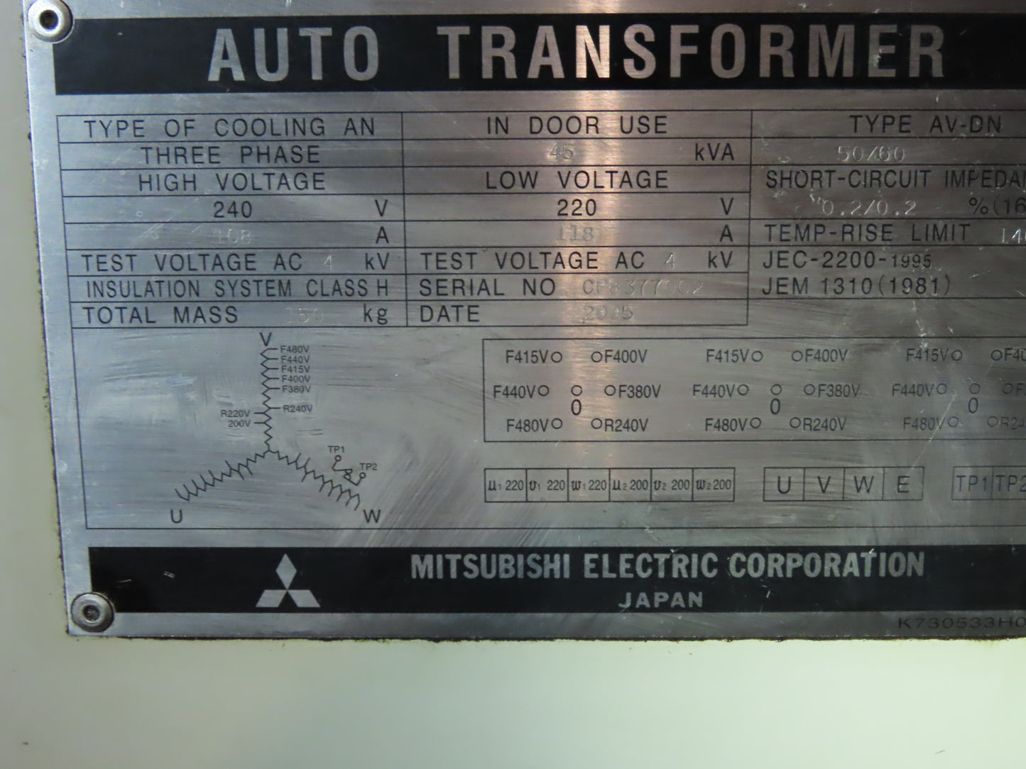 Mitsubishi Power Transformer 45KVA 3PH HV 240/380/400/415/440/480 LV 220V Okuma