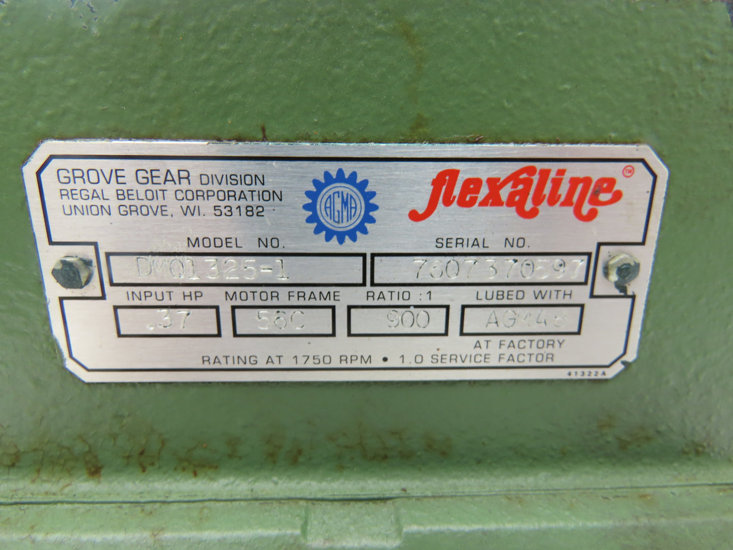 Grove Gear Flexaline DMQ1325-1 Gearbox 900:1 Double Reducer 2rpm .37Hp 56C LH