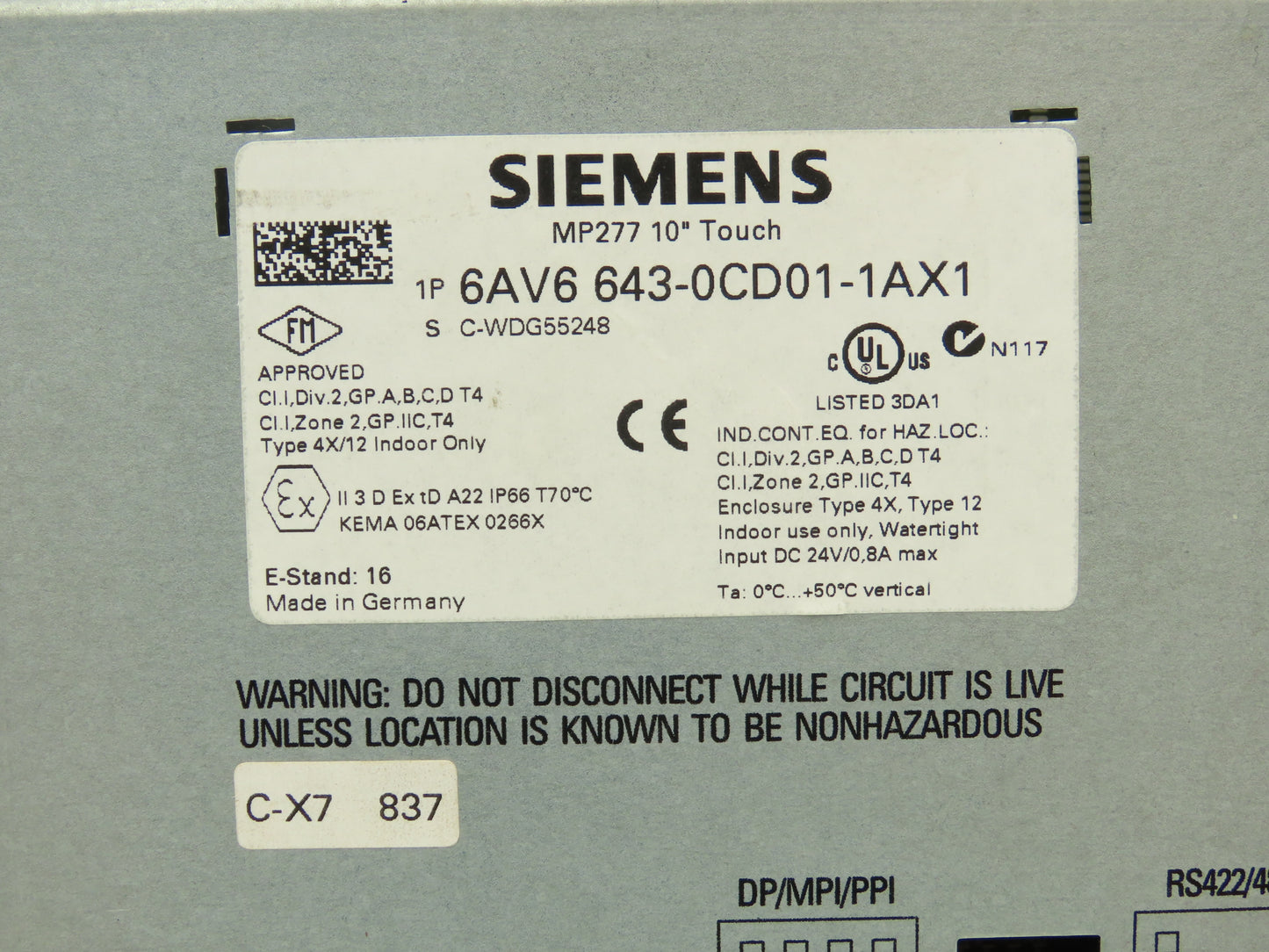 Siemens 6AV6 643-0CD01-1AX1 MP277 Simatic 10" HMI Touch Screen Control Panel
