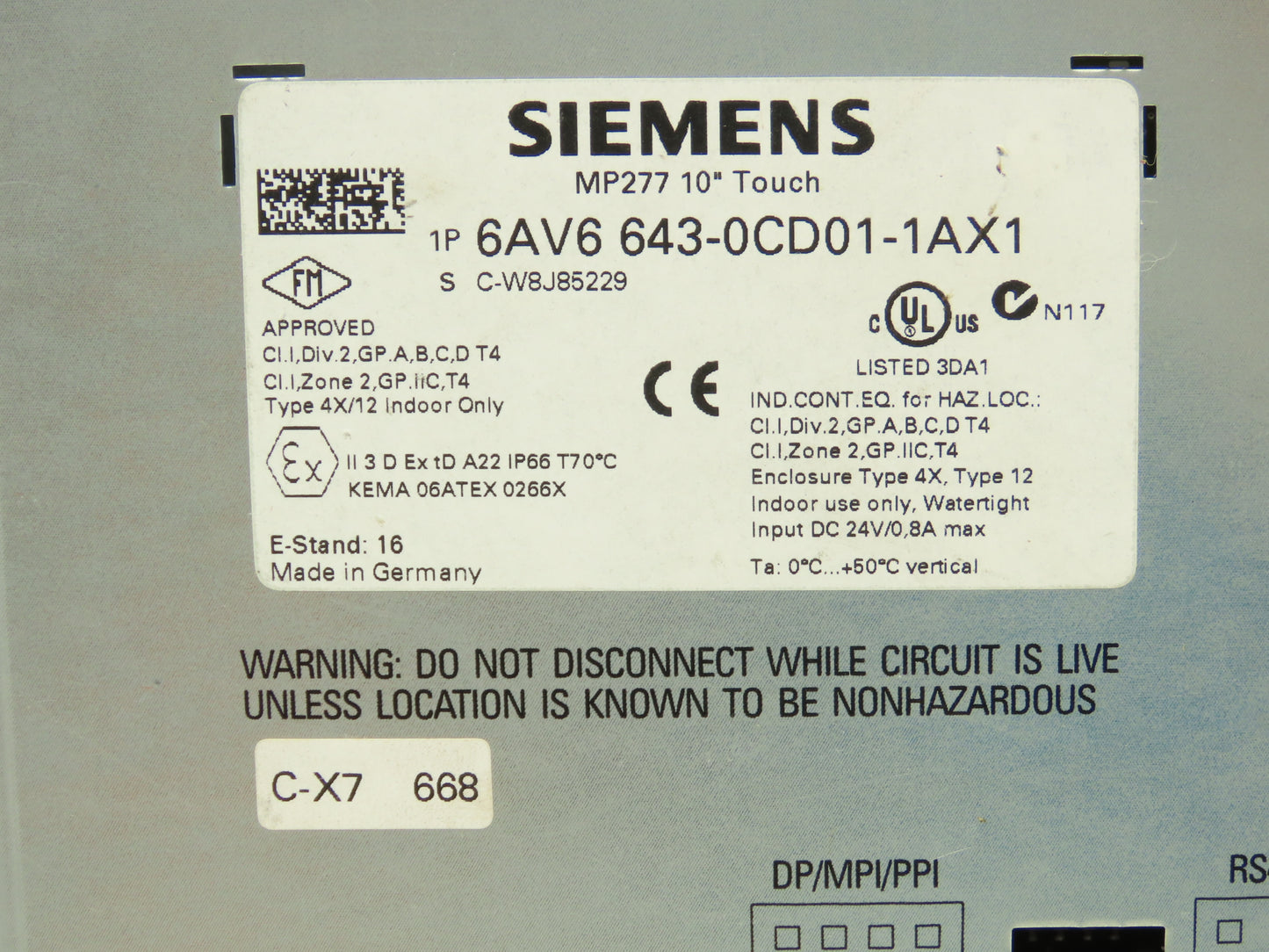 Siemens 6AV6 643-0CD01-1AX1 MP277 Simatic 10" HMI Touch Screen Control Panel