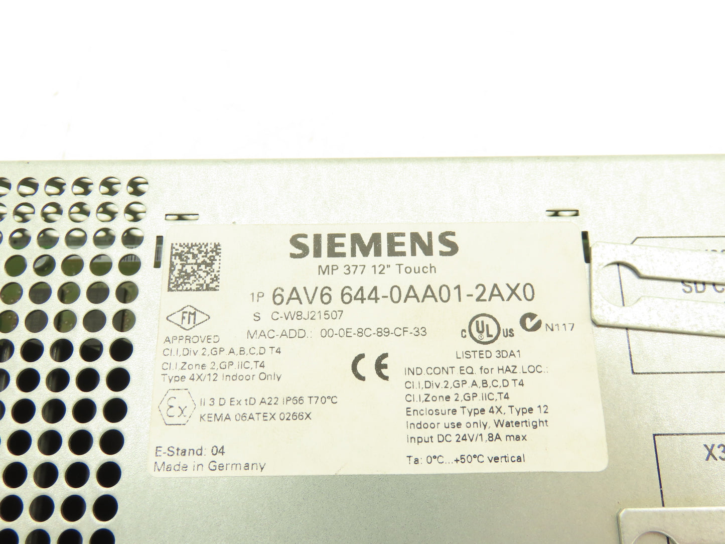 Siemens 6AV6 644-0AA01-2AX0 MP377 Simatic 12" HMI Touch Screen Control Panel