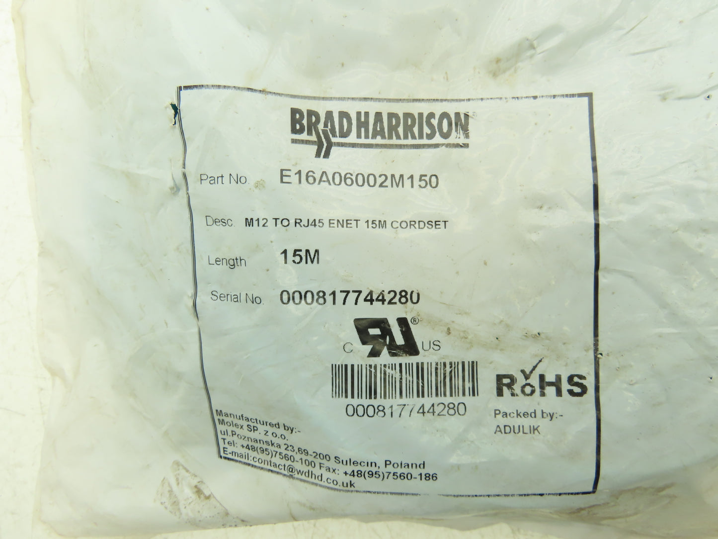 Molex E16A06002M150 Brad Harrison Cable Assembly M12 To RJ45 ENET 15M Cordset