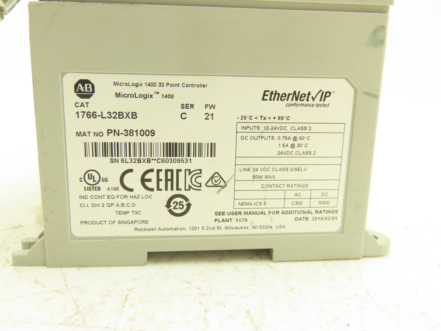 Allen Bradley 1766-L32BXB MicroLogix 1400 32 Point Controller Ser C FW 21