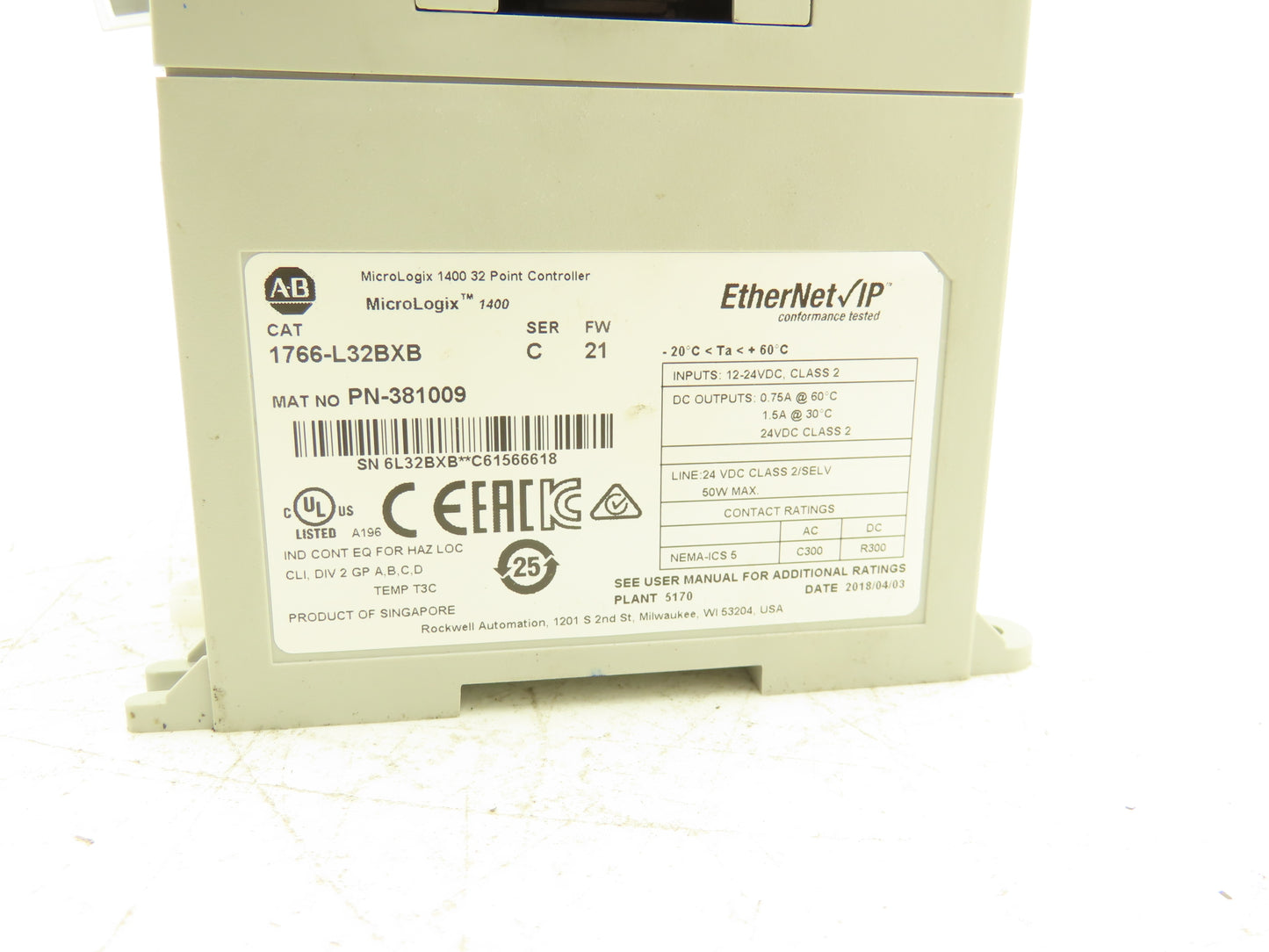 Allen Bradley 1766-L32BXB MicroLogix 1400 32 Point Controller Ser C FW 21