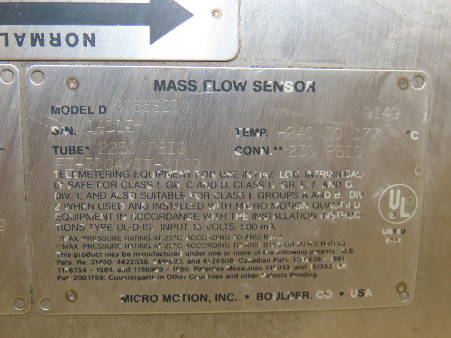 Micro Motion D S065S219 Mass Flow Sensor 1" ANSI Flange 2250psi -240 to 177° C