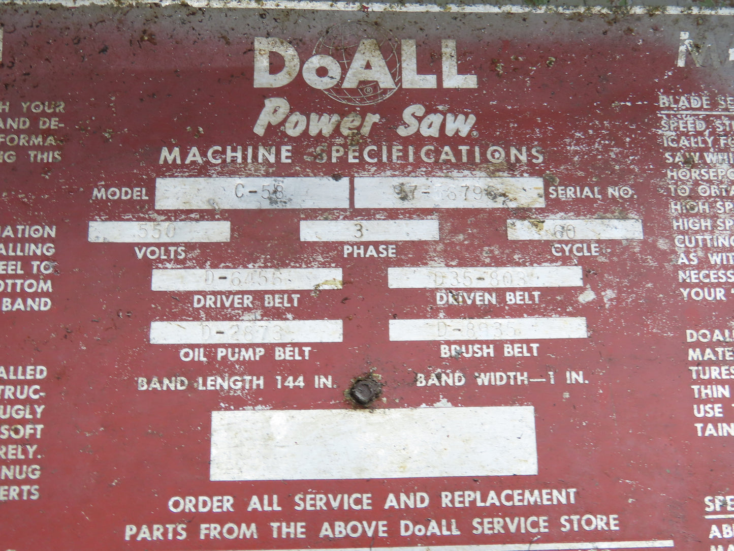 Doall C58 Horizontal Metal Band Saw 12" X 18" 550v 3ph Vise Table Feed Parts