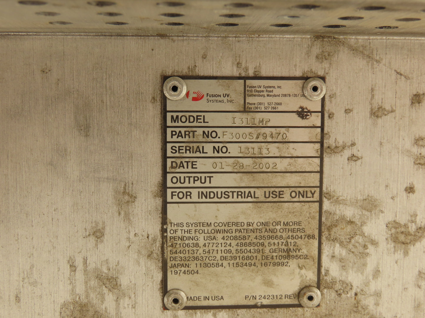 Fusion UV Systems I311MP Ultraviolet Lamp Curing system