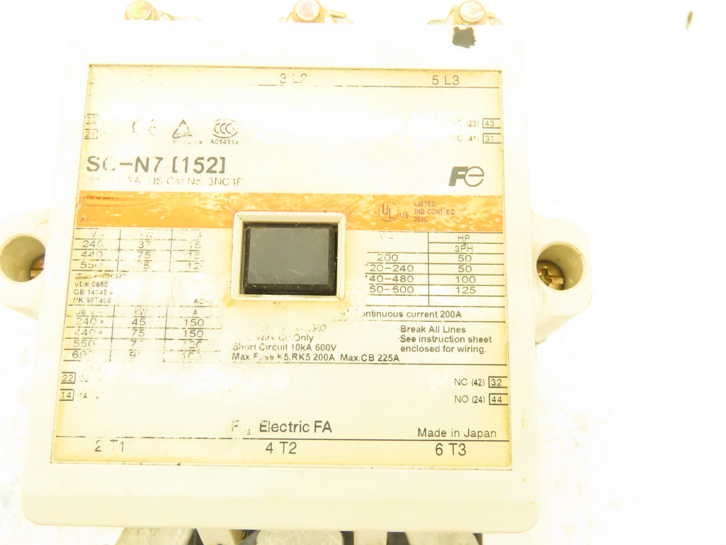 Fuji SC-N7 Magnetic Contactor 3-Pole 150A 120V Coil AC/DC