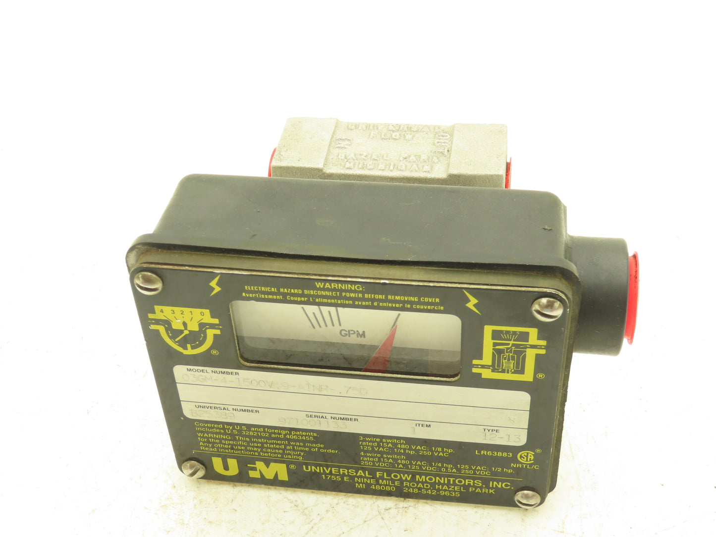 UFM 03GM-4-1500V.9-A1NR-.75D Universal Flow Meter Type 4 Monitor 1/2" NPT 3 Wire