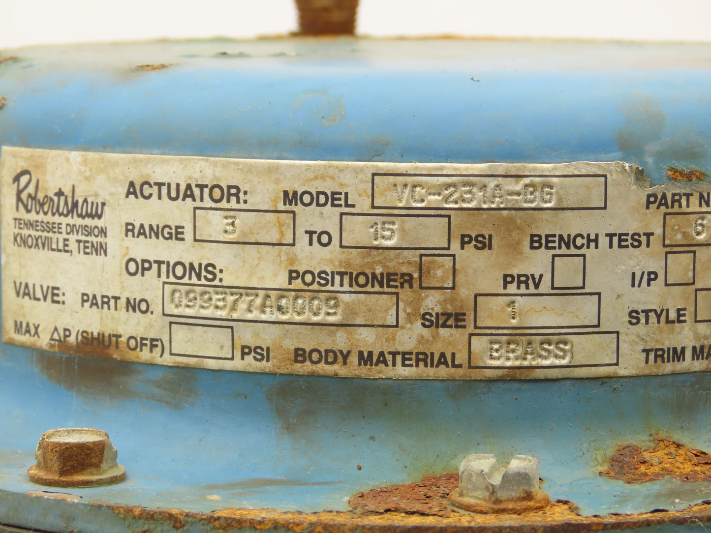 Robertshaw VC-231A-BG Pneumatic Diaphragm Actuator w/Brass Globe Valve 1"NPT