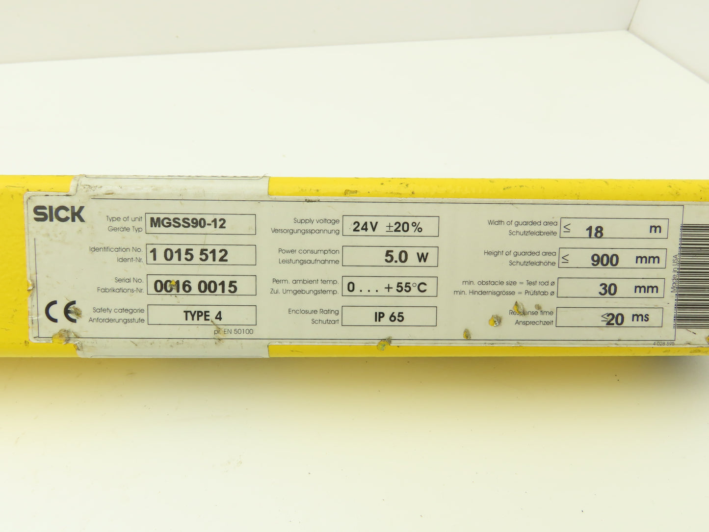 Sick MGSS90-12 Safety Light Curtain Transmitter Sender 900mm Scratches In Lens