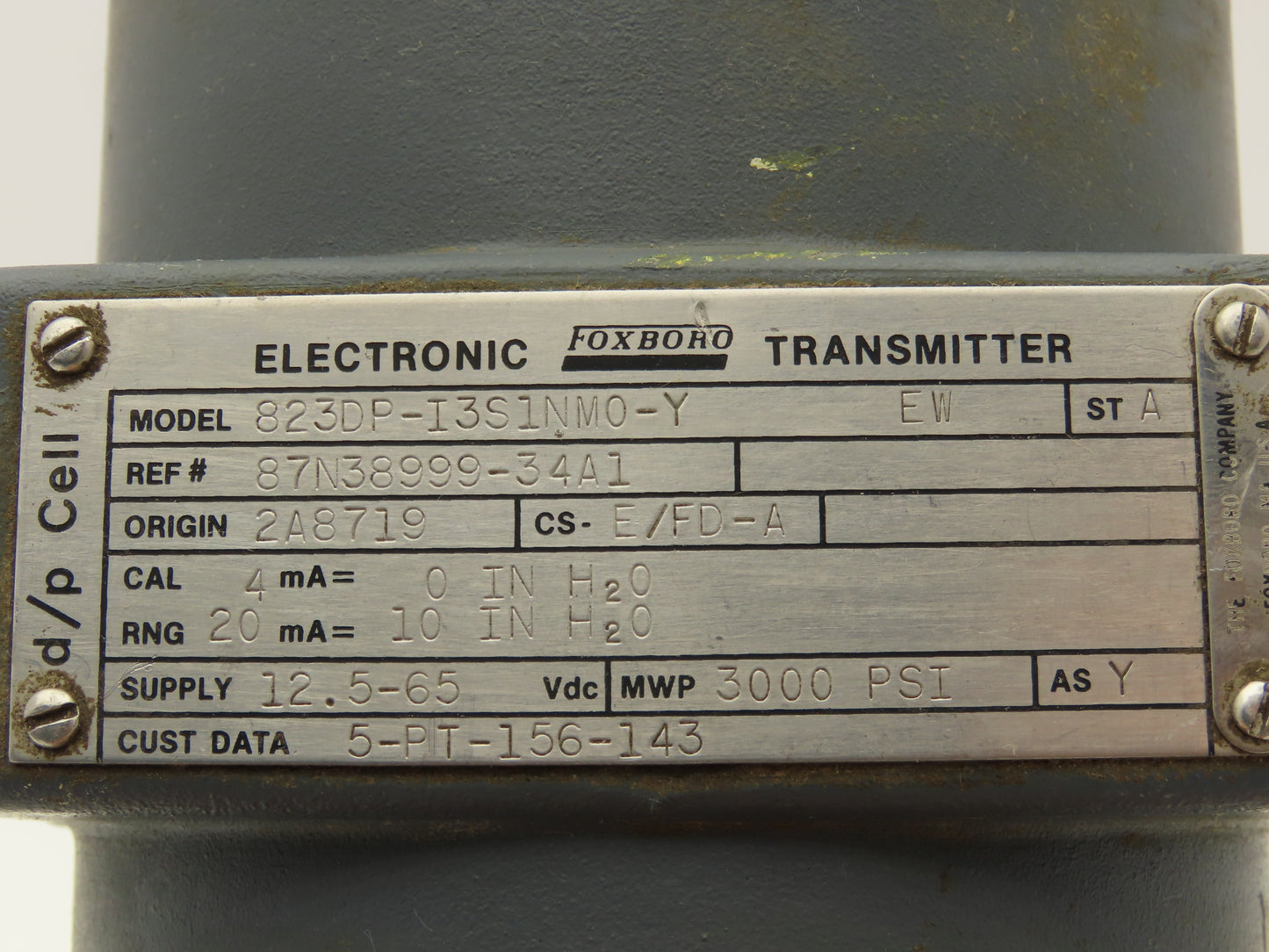 Foxboro 823DP-I3S1NM0-Y Pressure Transmitter 0-10"H2O 3000psi 12.5-65VDC