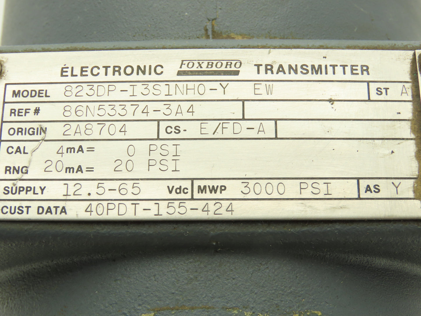 Foxboro 823DP-I3S1NH0-Y Pressure Transmitter 0-20psi/ 3000psi 12.5-65VDC