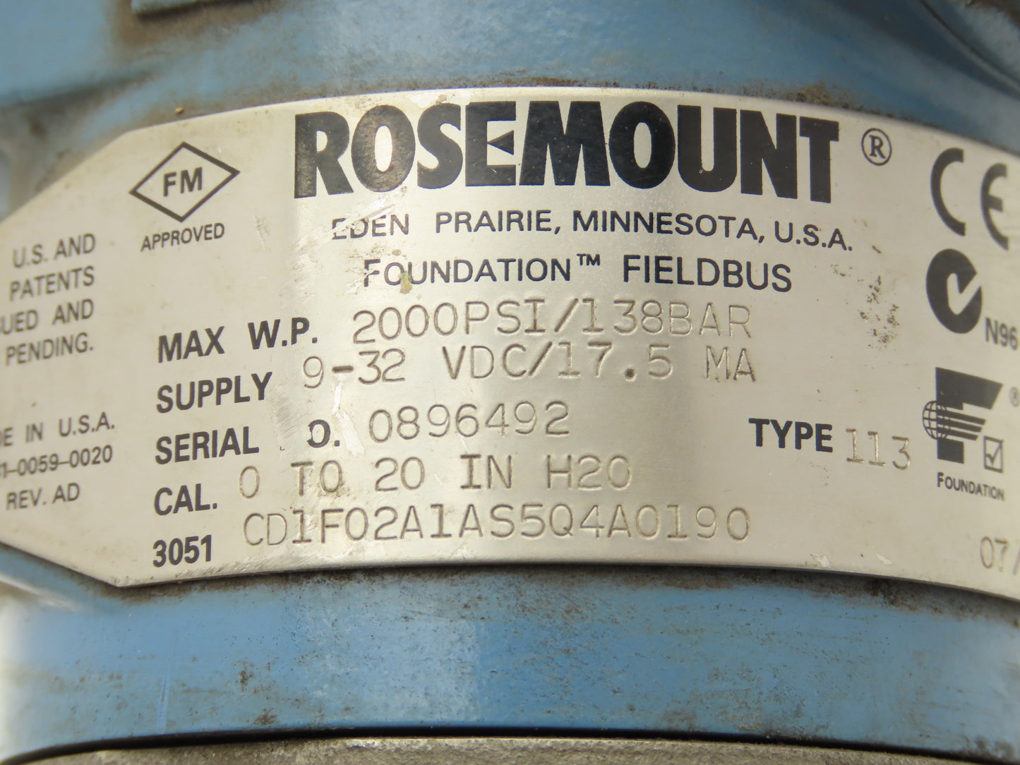 Rosemount 3051 CD1F02A1AS5Q4A0190 Pressure Transmitter 0-20"H2O 2000psi 9-32VDC