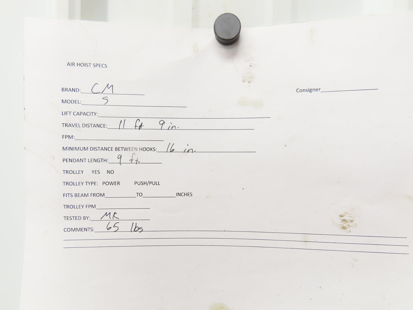 CM Cyclone Model S 2 Ton 4000Lb Manual Chain Fall Hand Hoist 11' 9" Lift