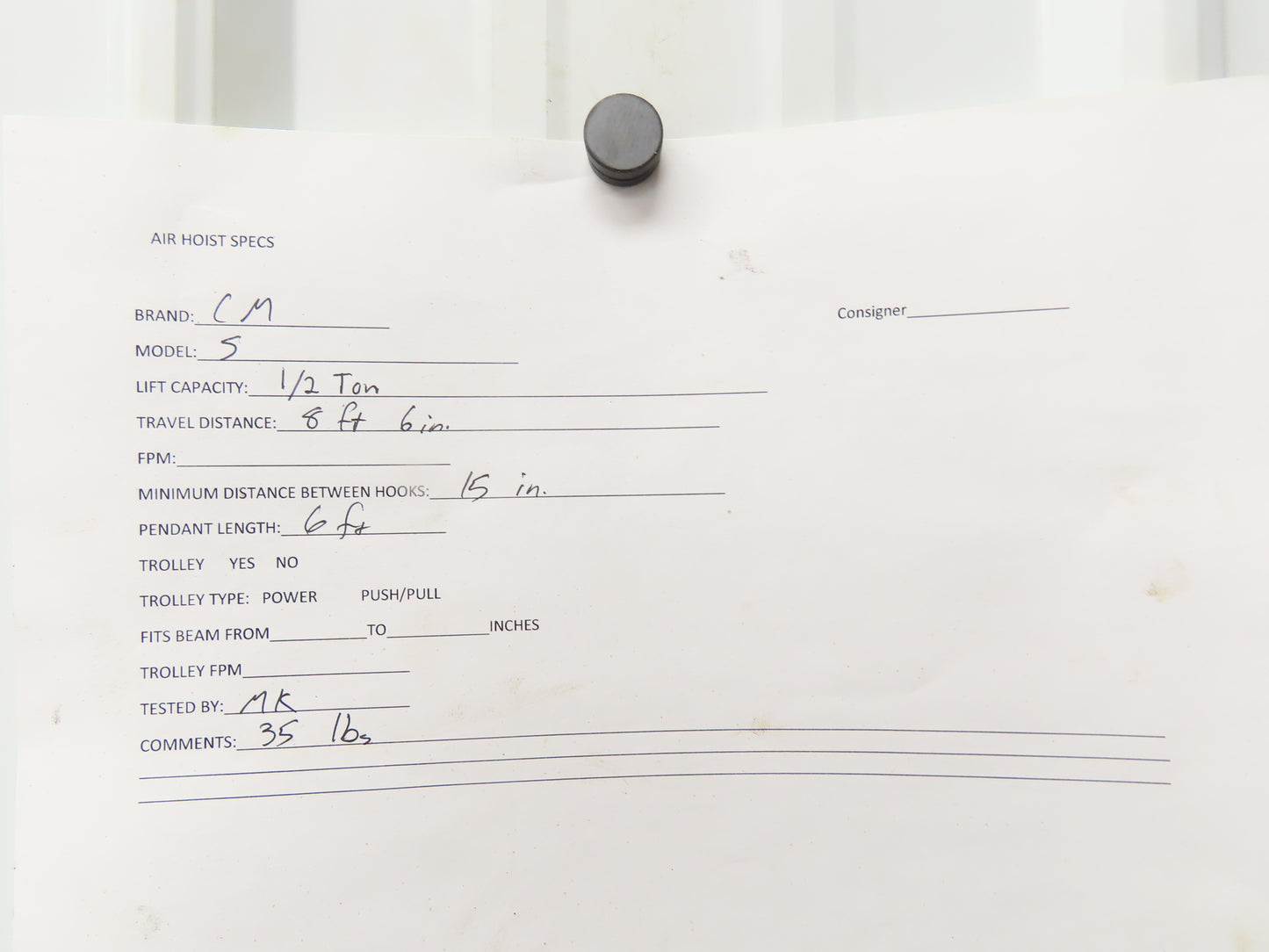 CM Cyclone Model S 1/2 Ton 1000Lb Manual Chain Fall Hand Hoist 8' 6" Lift