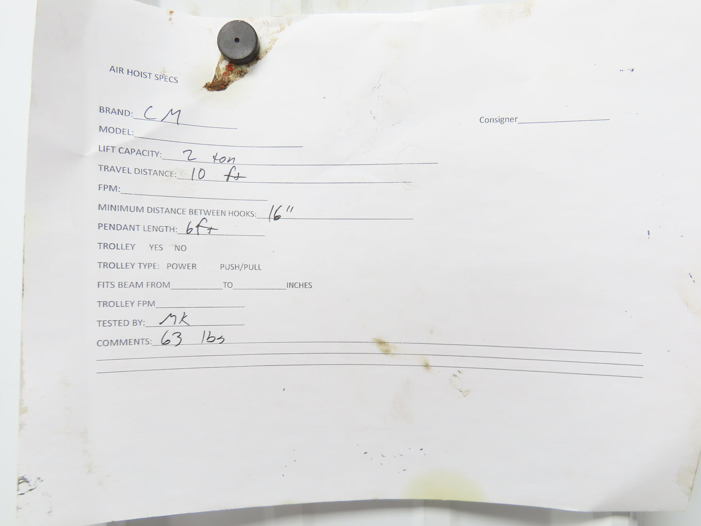 CM Cyclone Model S 2 Ton 4000Lb Manual Chain Fall Hand Hoist 10' Lift