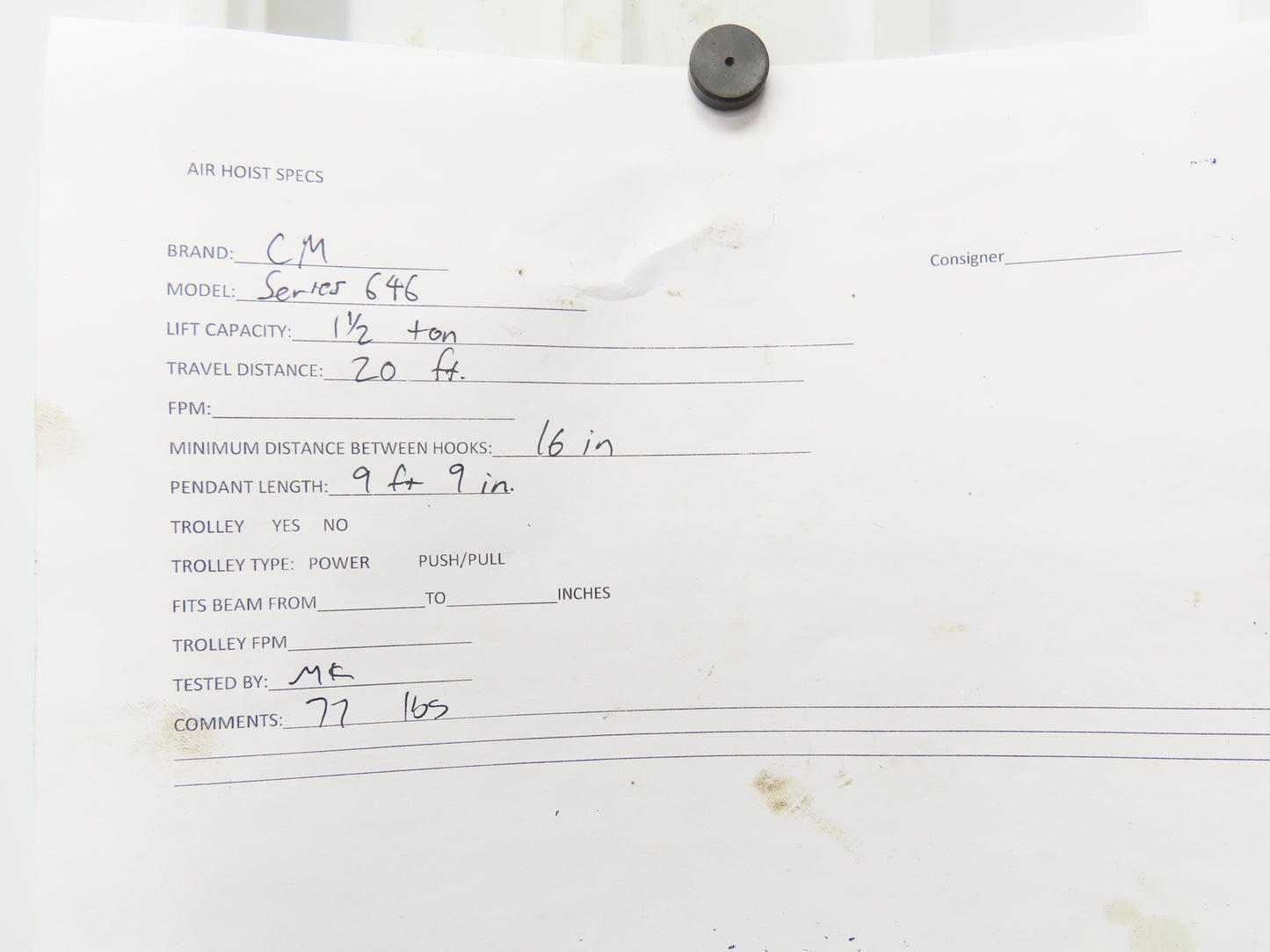 CM Cyclone Series 646 1-1/2 Ton 3000Lb Manual Chain Fall Hand Hoist 20' Lift