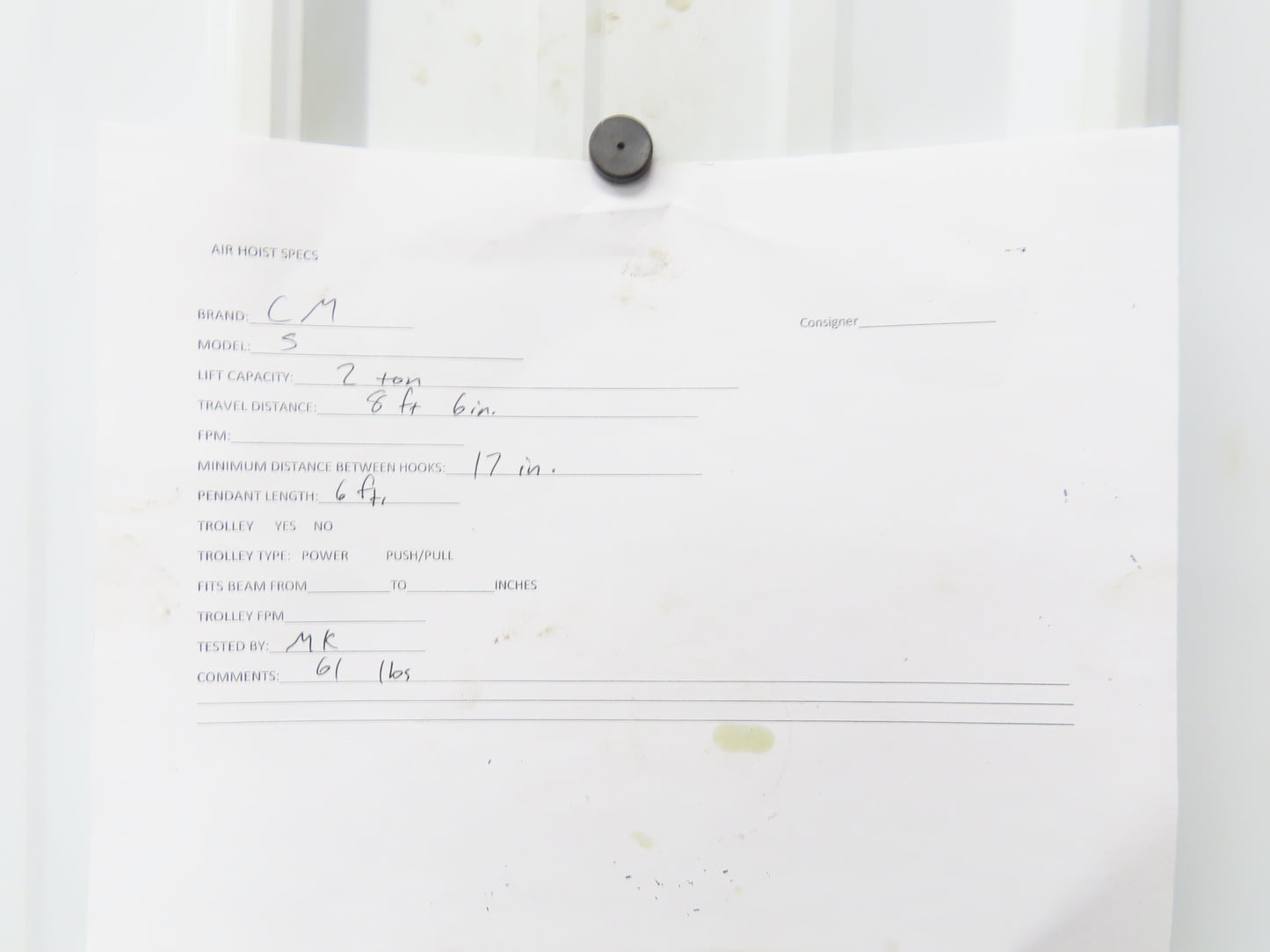 CM Cyclone Model S 2 Ton 4000Lb Manual Chain Fall Hand Hoist 8' 6" Lift