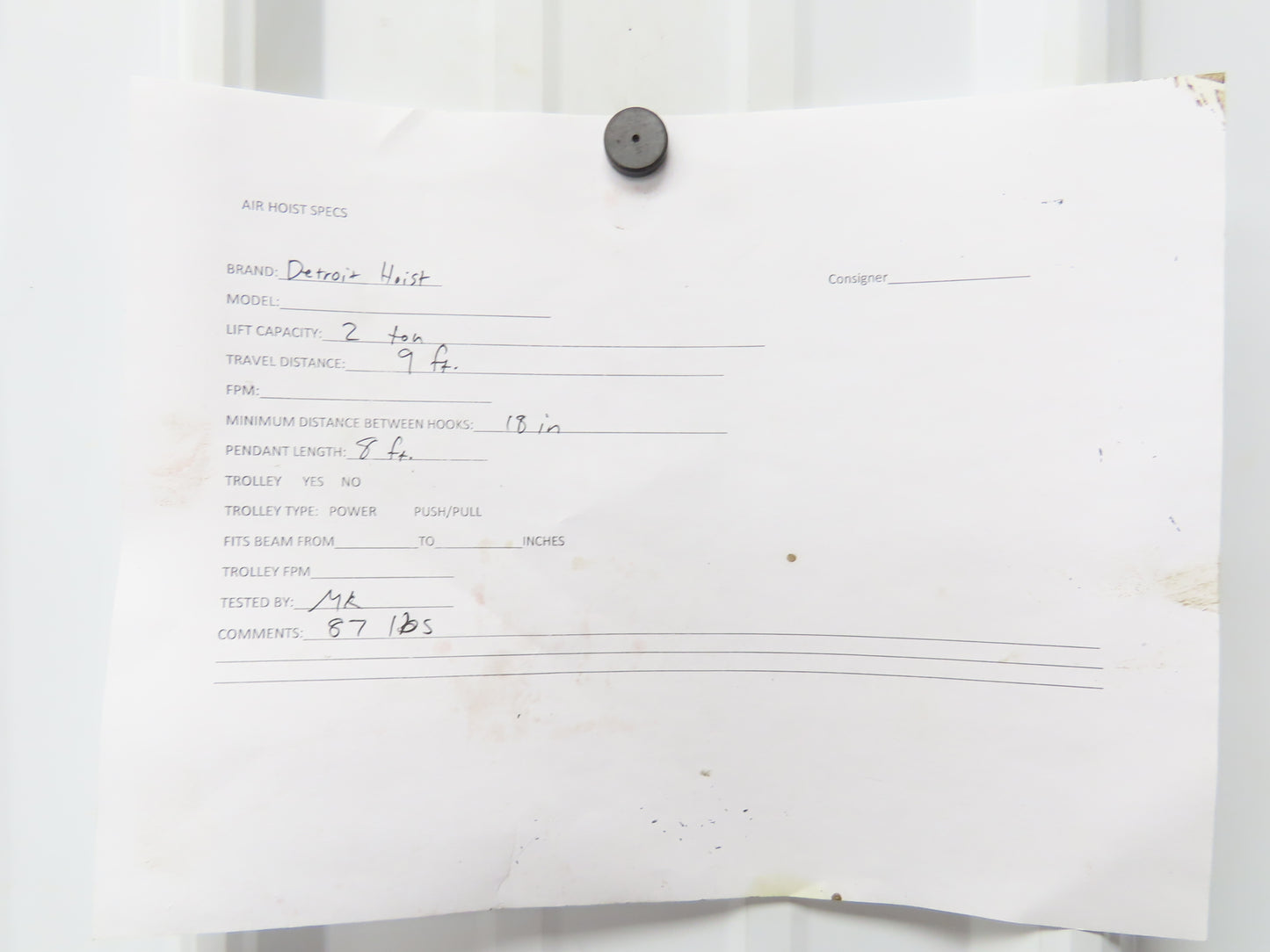 Detroit 2 Ton 4000Lb Manual Chain Fall Hand Hoist 9' Lift