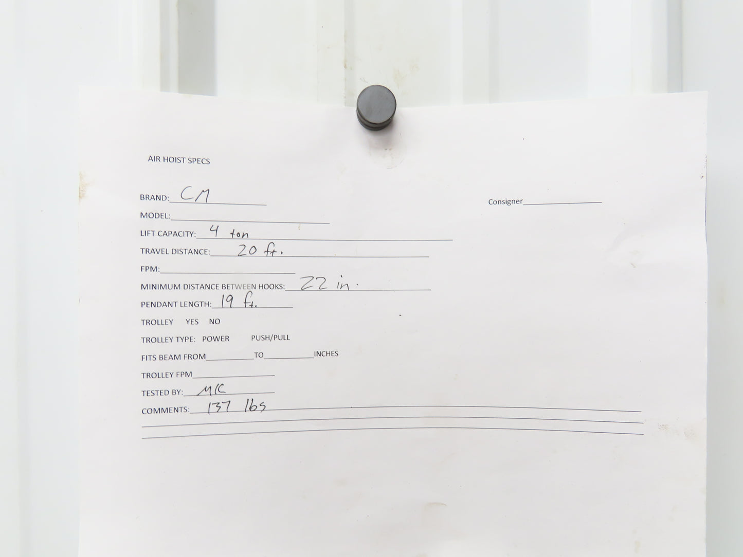 CM 4 Ton 8000Lb Manual Chain Fall Hand Hoist 20' Lift