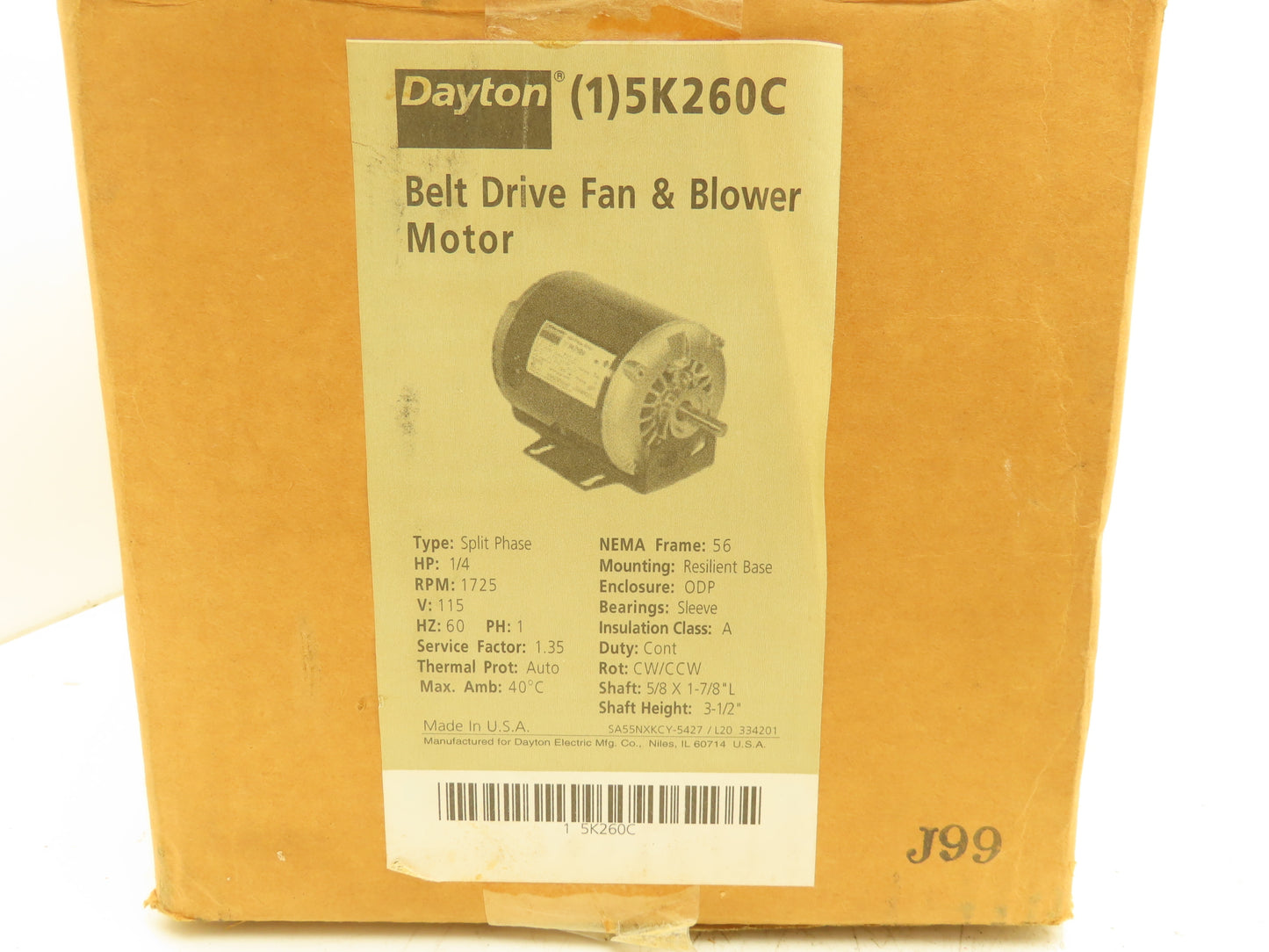 Dayton 5K260C Belt Drive Fan Blower Motor 1/4Hp 1725rpm 115V 1PH 56 Frame ODP