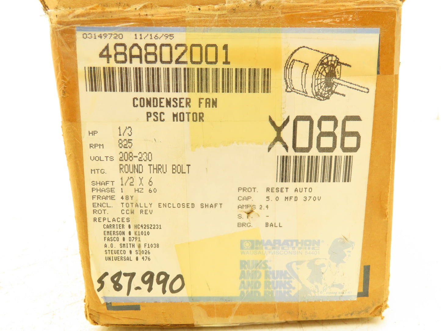 Marathon 2WM48A802001B PSC HVAC Blower Fan Motor 1/3Hp 825rpm 208-230V 1PH 48Y