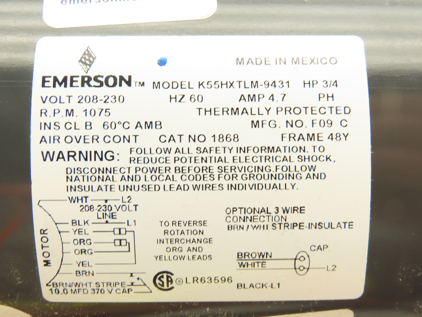 Emerson K55HXTLM-9431 HVAC Condenser Fan Motor 3/4Hp 1075rpm 208-230V 1PH 48Y