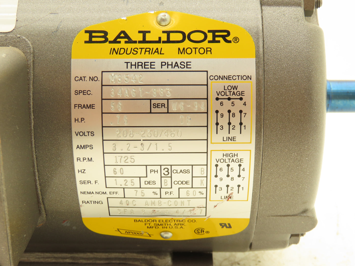 Baldor Electric M3542 AC Motor 3/4Hp 1725rpm 208-230/460V 3PH 56 Frame